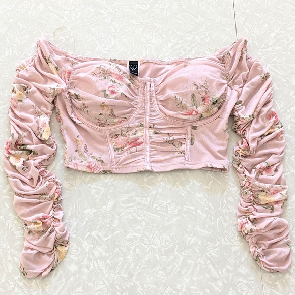 Floral Long Sleeve Corset Top, Off Shoulder Ruched Bustier, Pink Size Medium - Picture 2 of 9